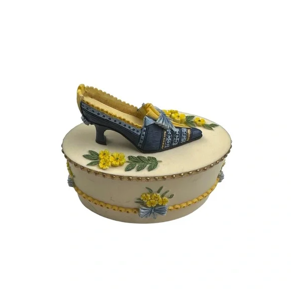 Willow Hall Colette Cream & Blue Victorian Shoe Yellow Flowers Trinket Box 3.5” - Picture 7 of 12